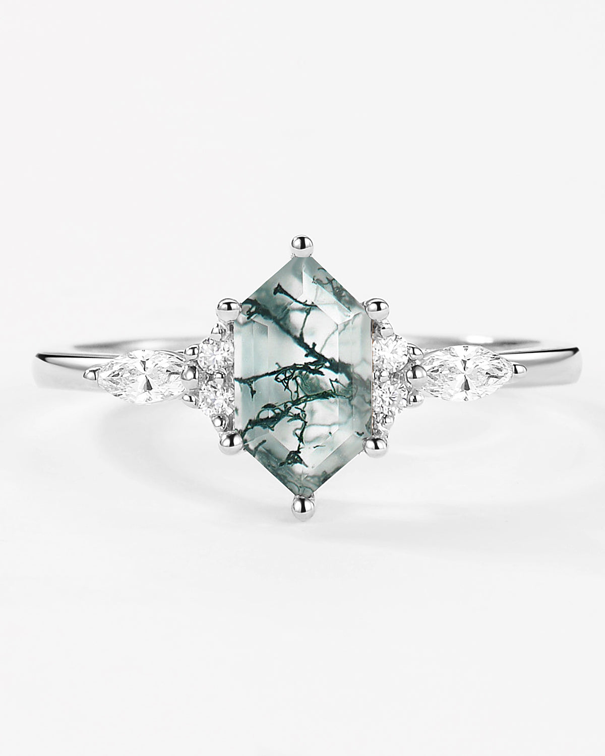 Geometric Hexagon Moss Agate Marquise Engagement Ring