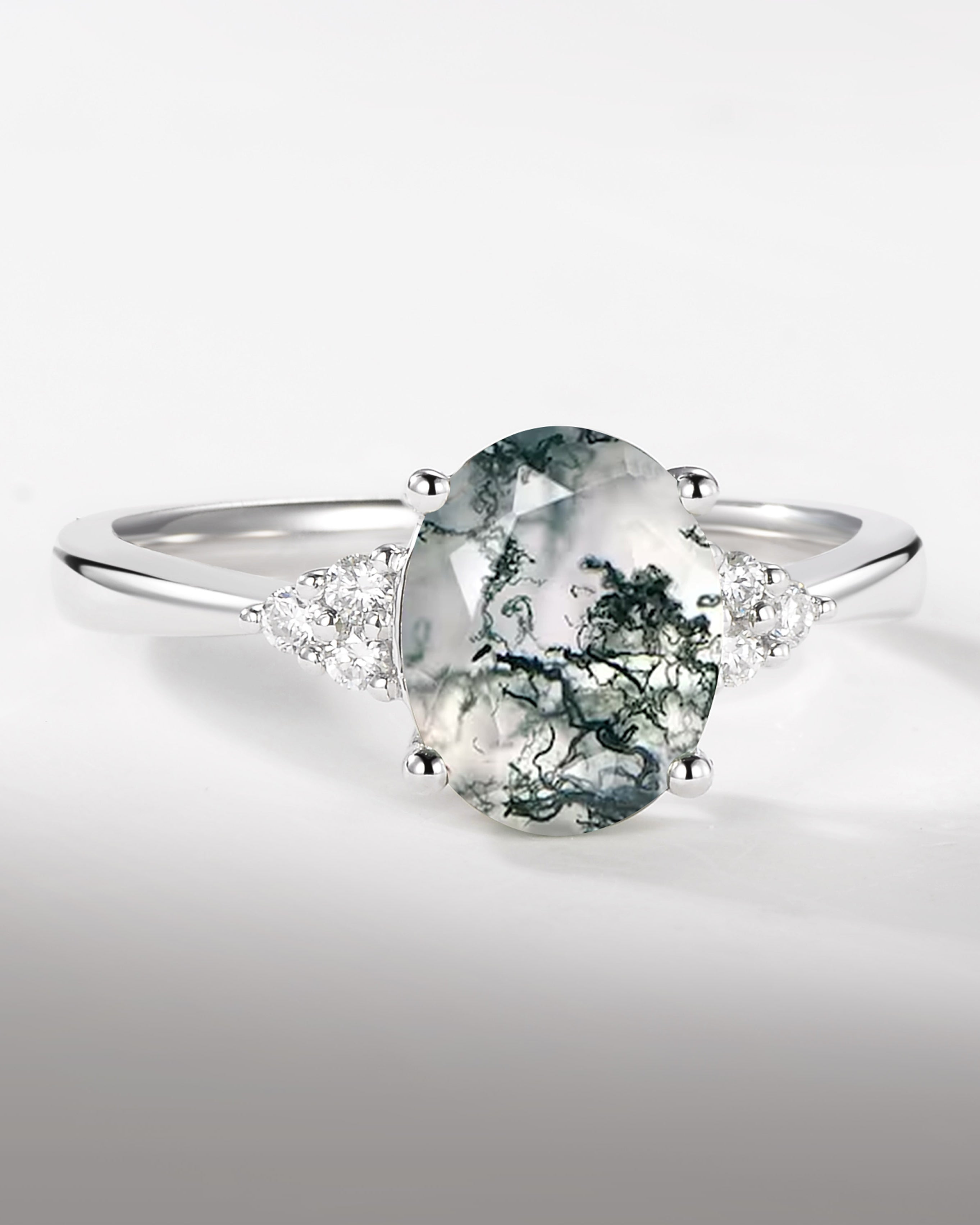 Oval Moss Agate Classic Cluster Engagement Ring - Aurora