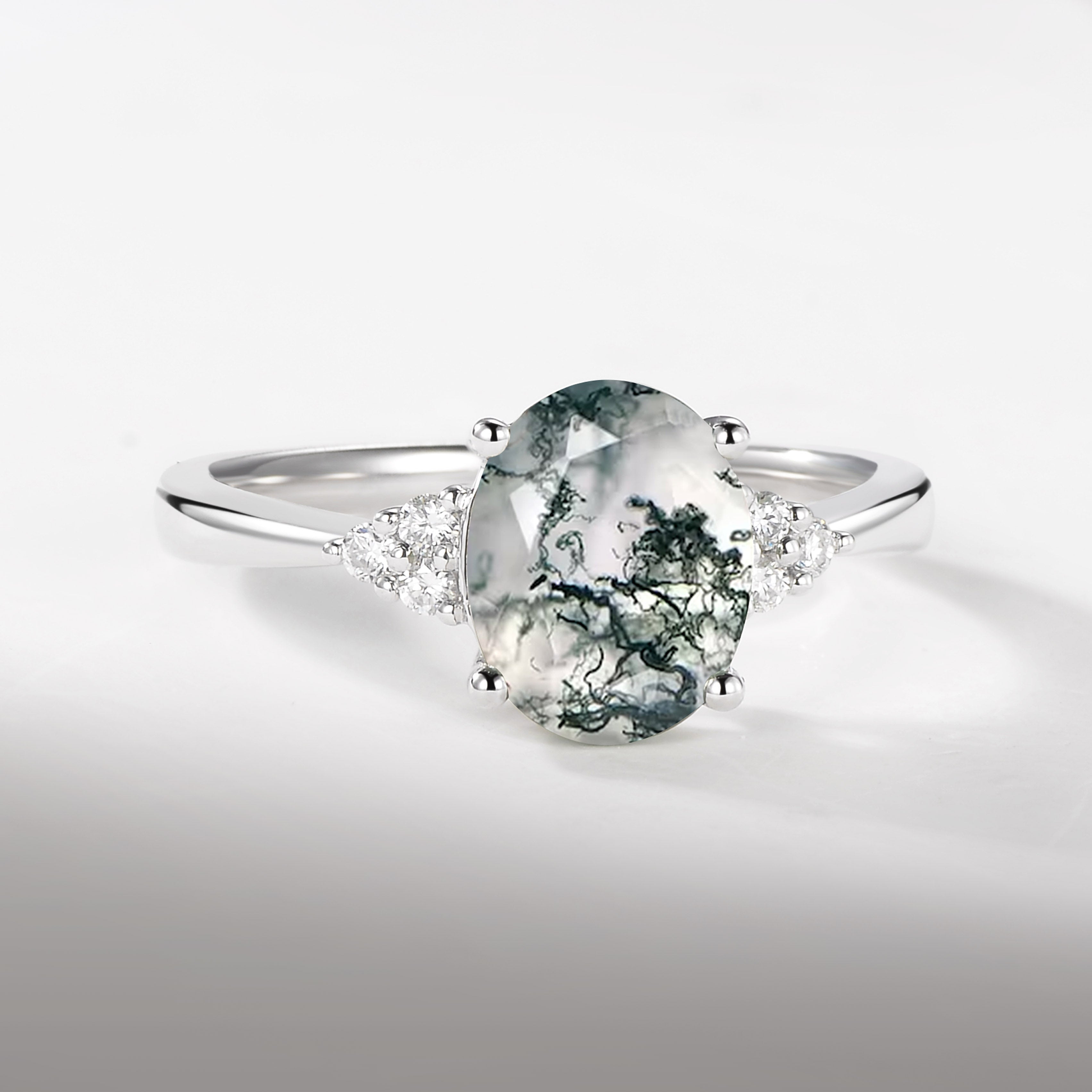Oval Moss Agate Classic Cluster Engagement Ring - Aurora