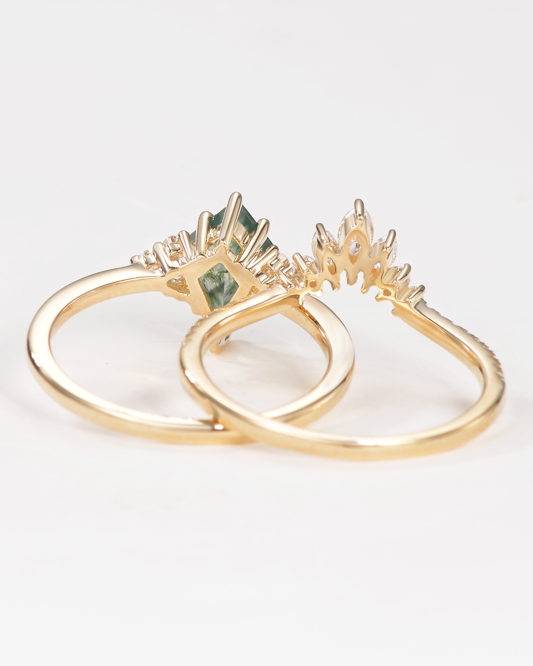 Unique Moss Agate Engagement Ring Set 2pcs - Lydia