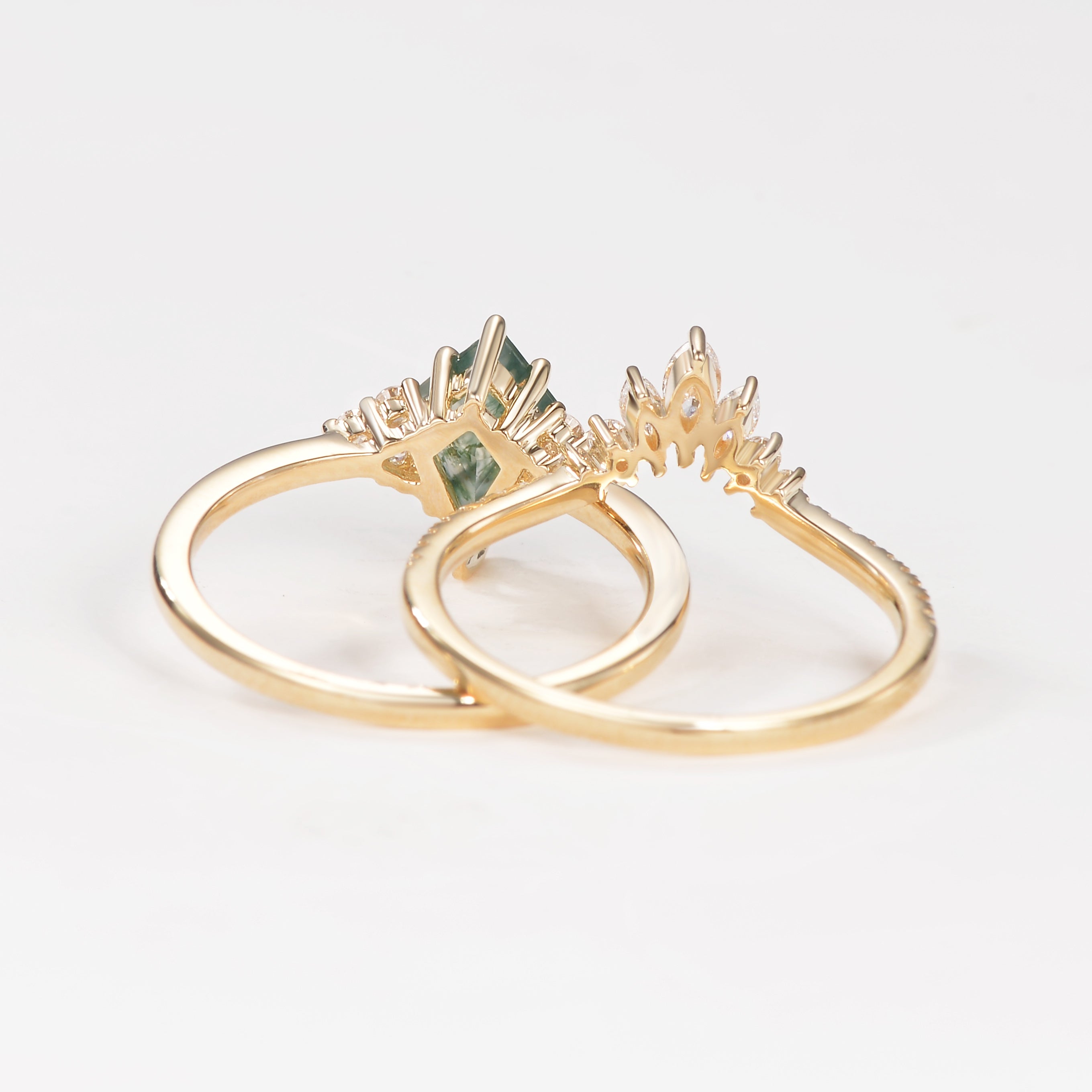 Unique Moss Agate Engagement Ring Set 2pcs - Lydia