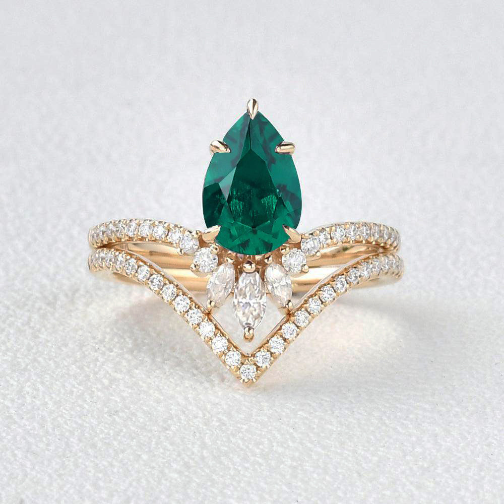 1.7ct Pear Emerald Classic Vintage Ring Set 2pcs