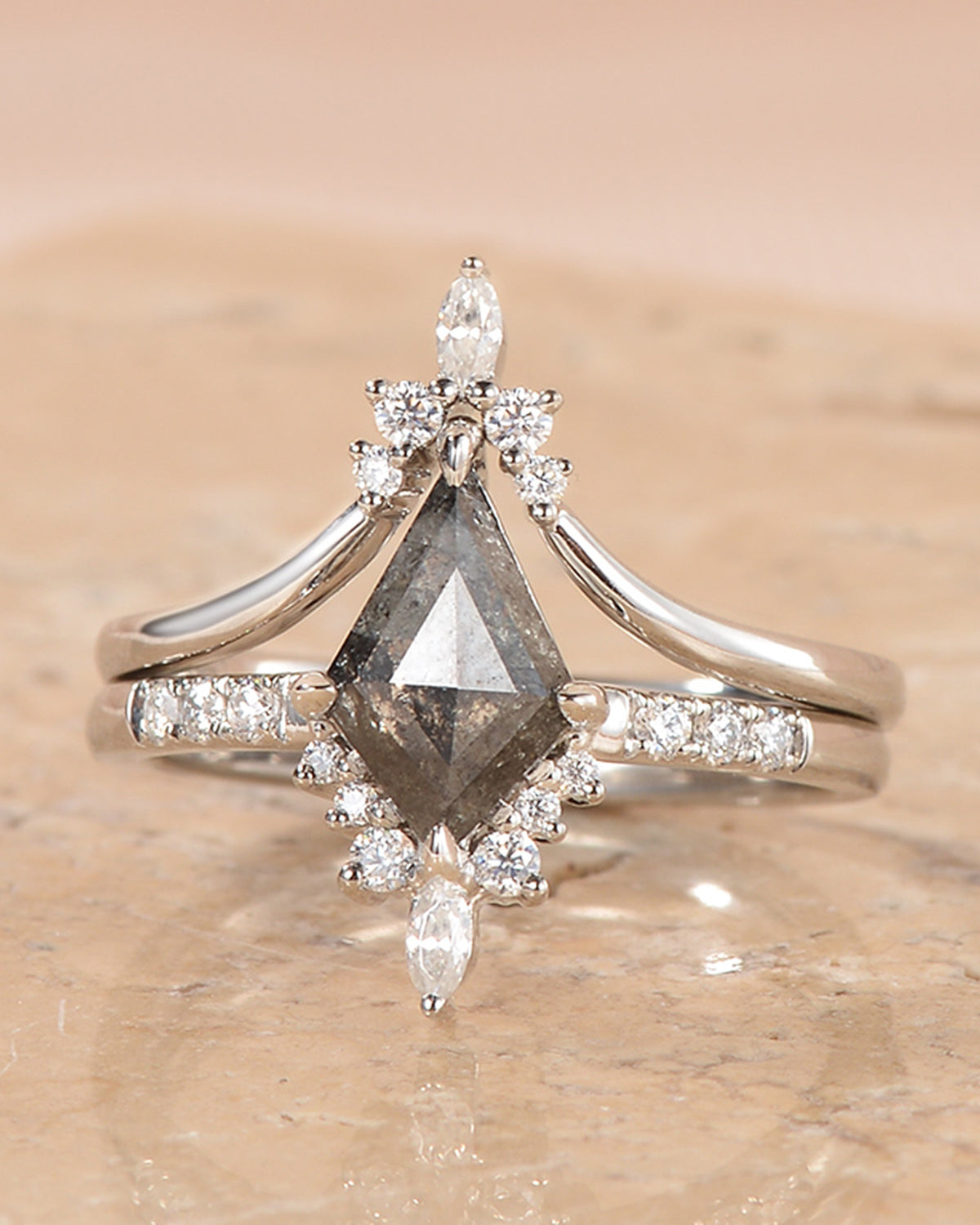 Salt and Pepper Diamonds Kite Cut Engagement Ring Set 2pcs