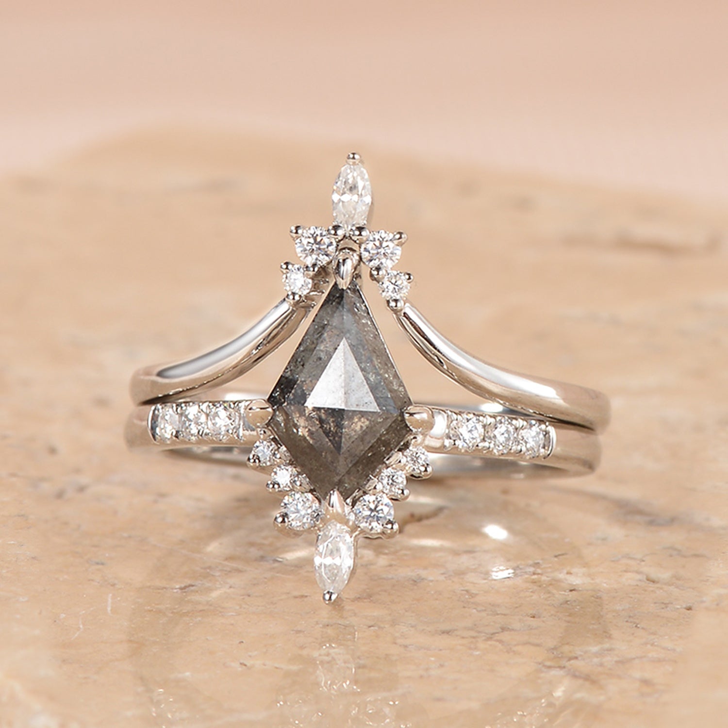 Salt and Pepper Diamonds Kite Cut Engagement Ring Set 2pcs