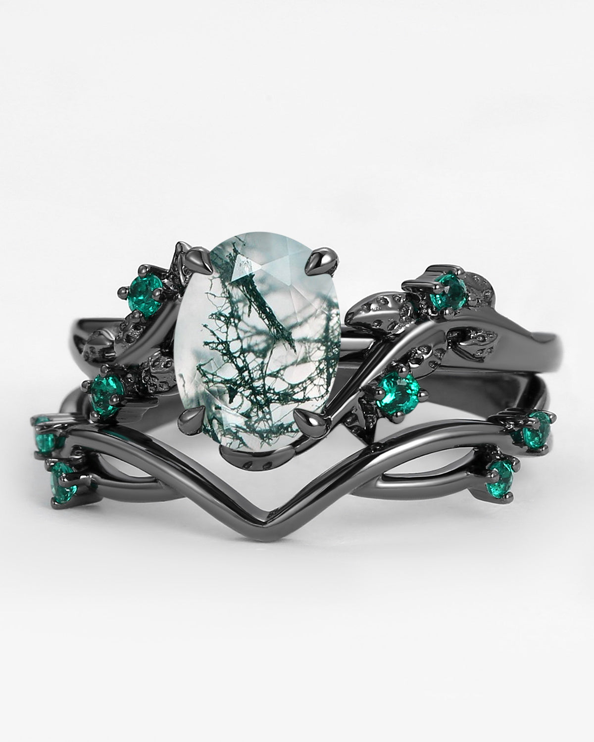 1.5ct Oval Cut Moss Agate Leafy Black Gold Ring Set 2pcs - Mossy