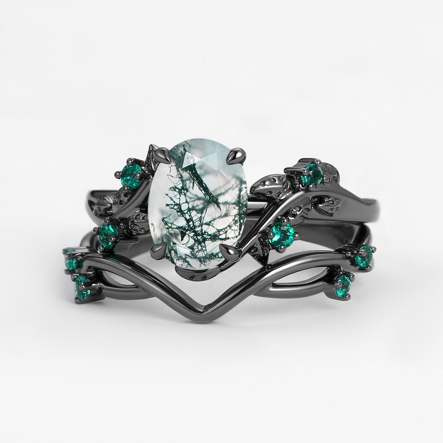 1.5ct Oval Cut Moss Agate Leafy Black Gold Ring Set 2pcs - Mossy