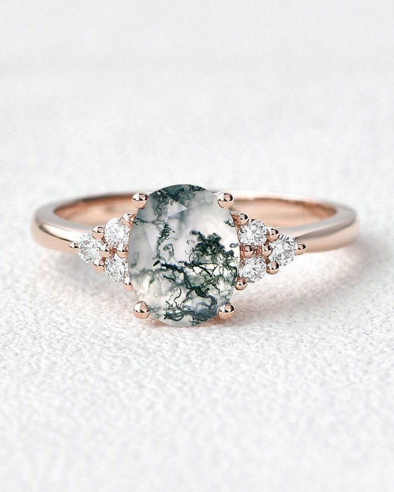 Oval Moss Agate Classic Cluster Engagement Ring - Aurora
