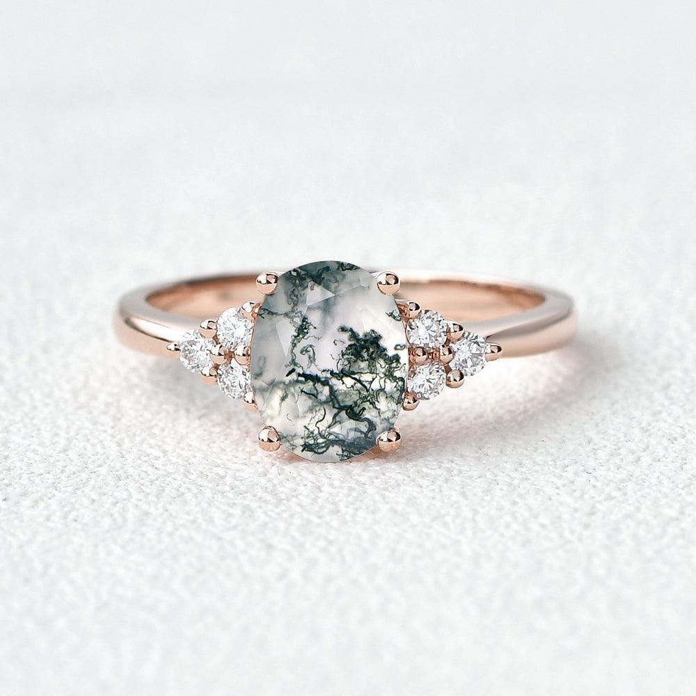 Oval Moss Agate Classic Cluster Engagement Ring - Aurora
