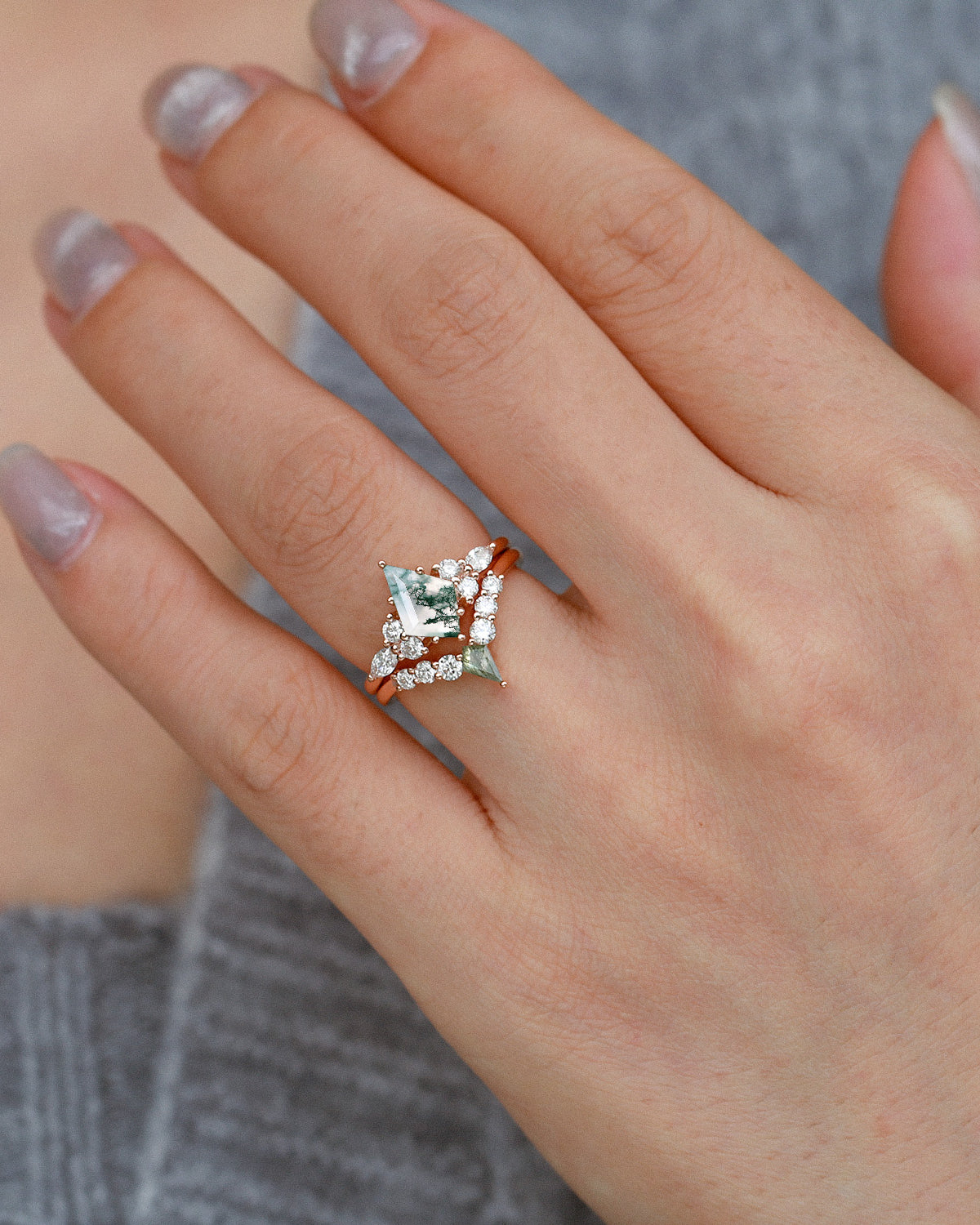 Kite Cut Unique Moss Agate Twinning Kites Engagement Ring Sets 2pcs