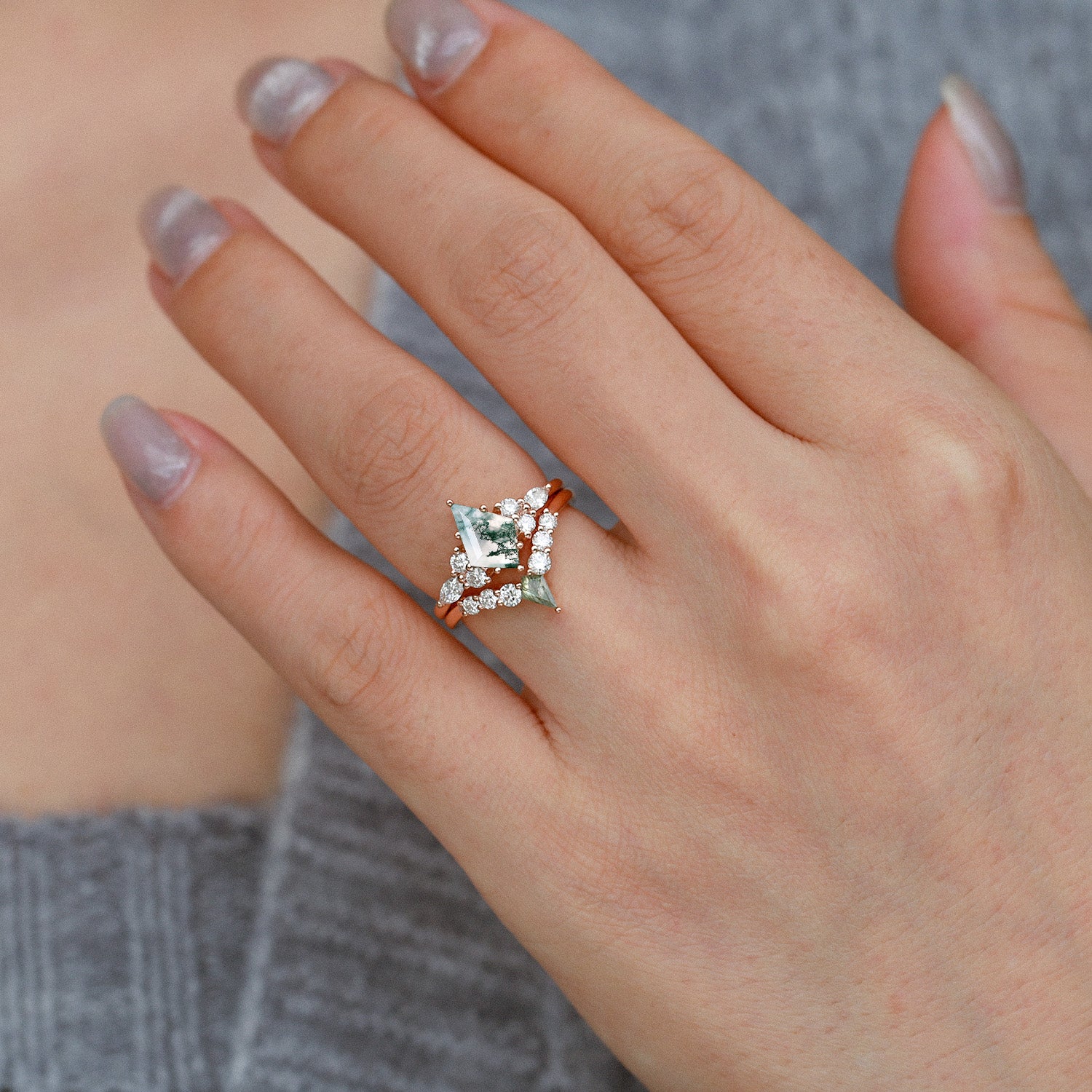 Kite Cut Unique Moss Agate Twinning Kites Engagement Ring Sets 2pcs