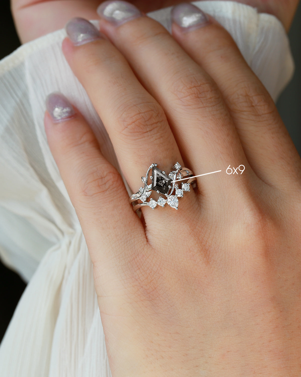 Unique Kite Cut Black Rutilated Quartz Leafy Engagement Ring