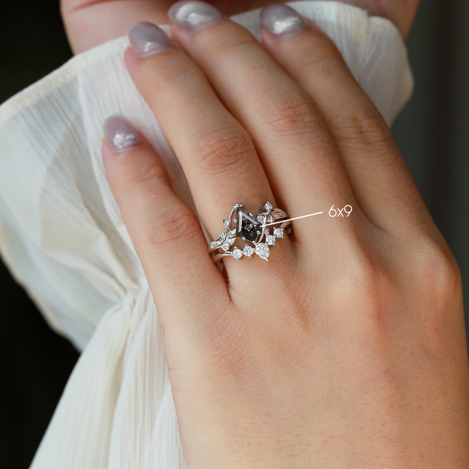 Unique Kite Cut Black Rutilated Quartz Leafy Engagement Ring