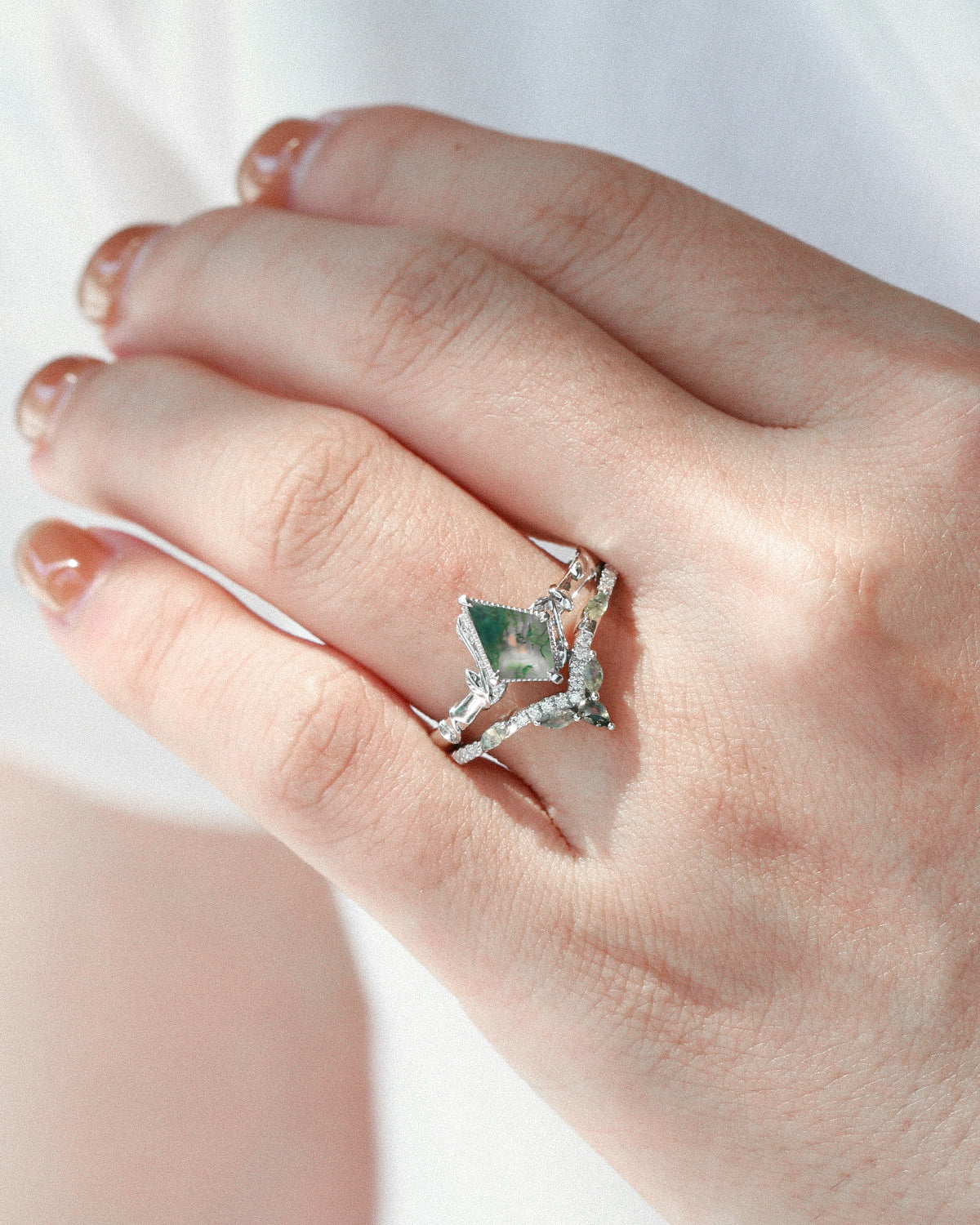 Kite Cut Moss Agate Leafy Engagement Ring Sets 2pcs - Lark