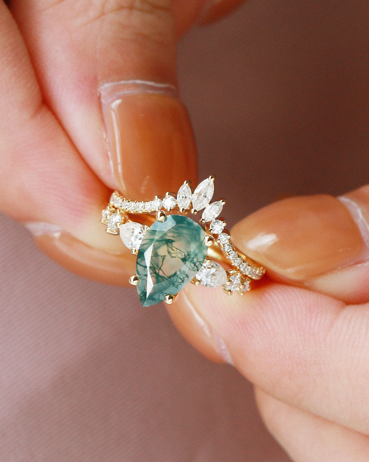 1.5ct Signature Pear Moss Agate Staccato Ring Set 2pcs