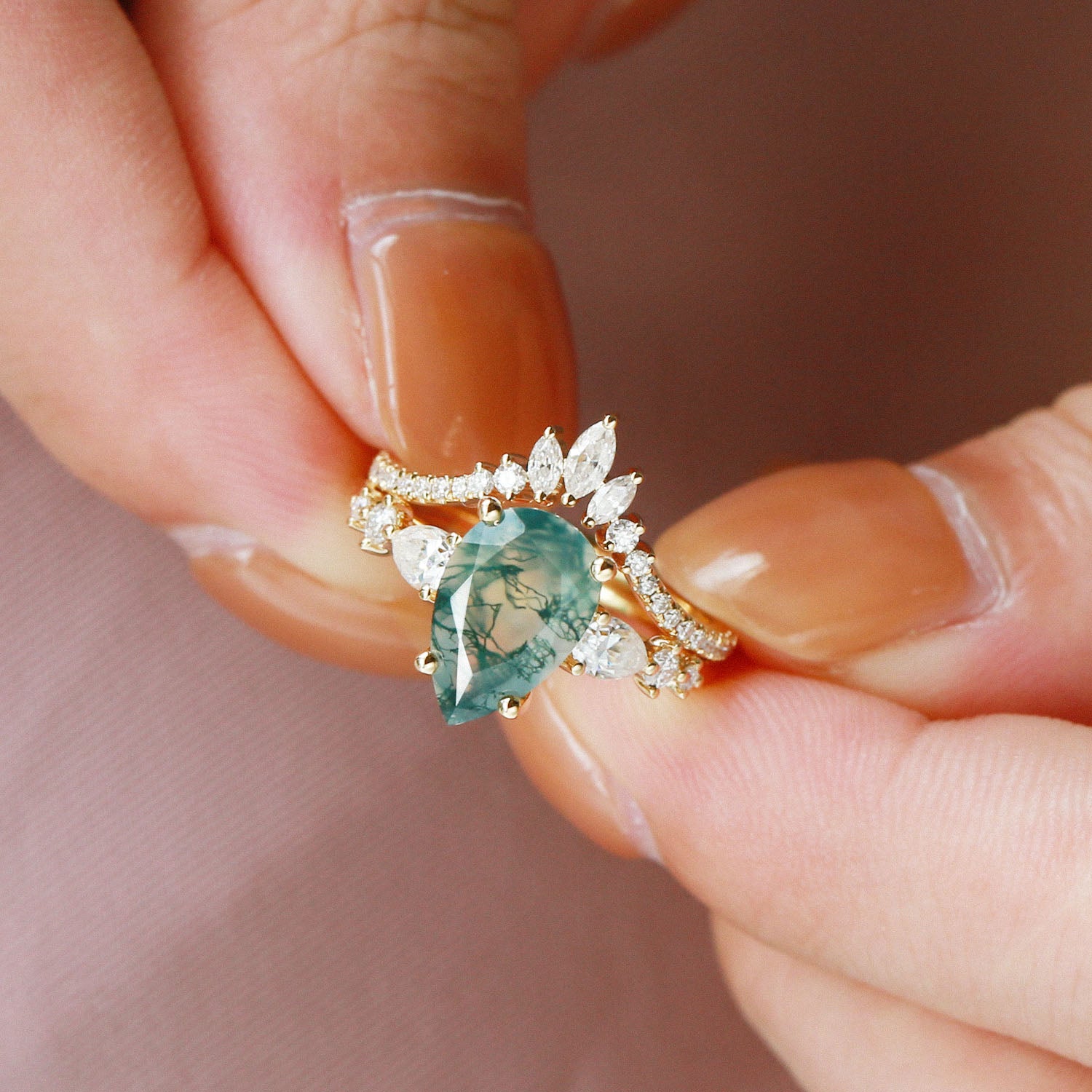 1.5ct Signature Pear Moss Agate Staccato Ring Set 2pcs