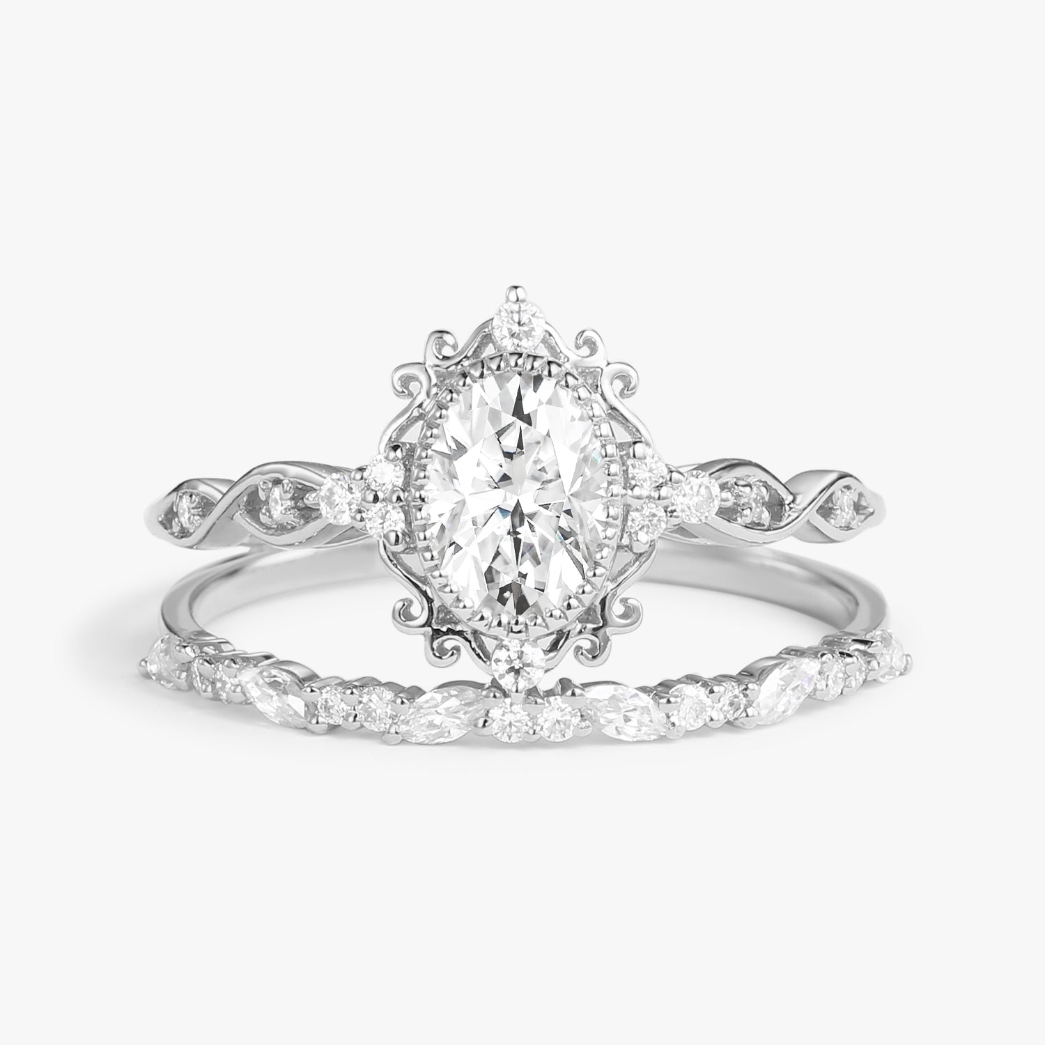 Vintage Victorian Oval Moissanite Infinity Engagement Ring Set 2pcs