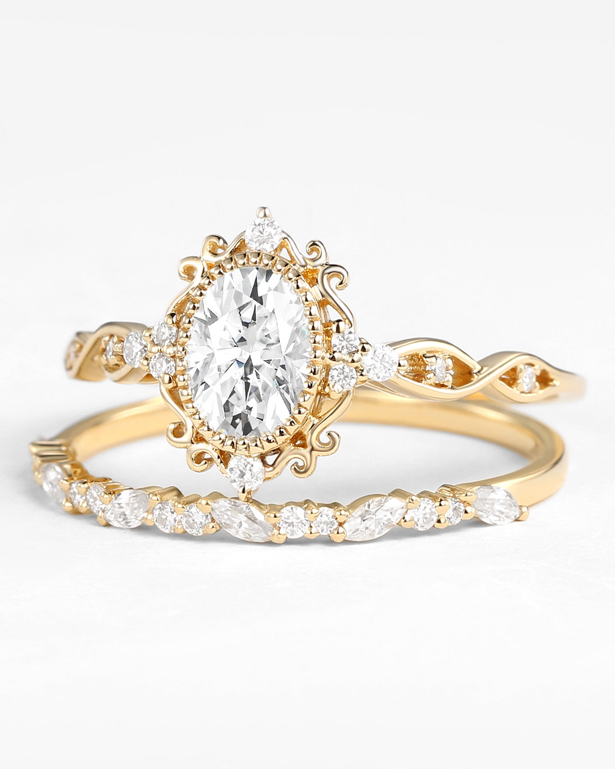 Vintage Victorian Oval Moissanite Infinity Engagement Ring Set 2pcs