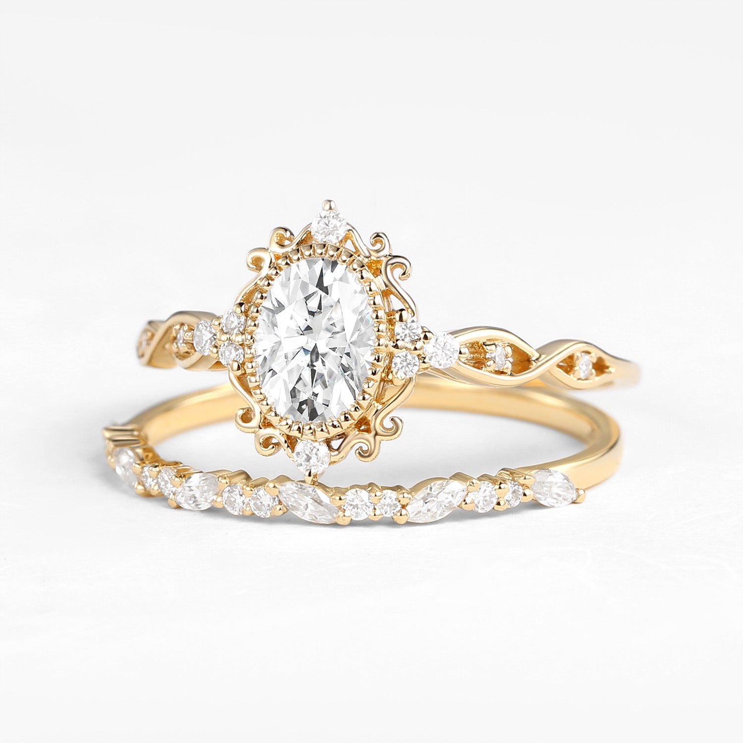 Vintage Victorian Oval Moissanite Infinity Engagement Ring Set 2pcs