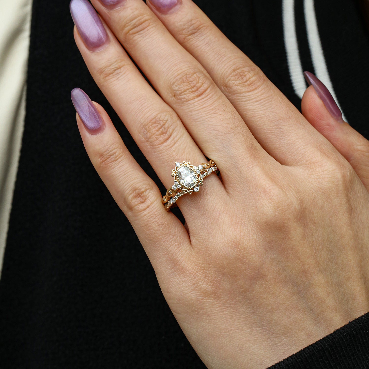 Vintage Victorian Oval Moissanite Infinity Engagement Ring Set 2pcs