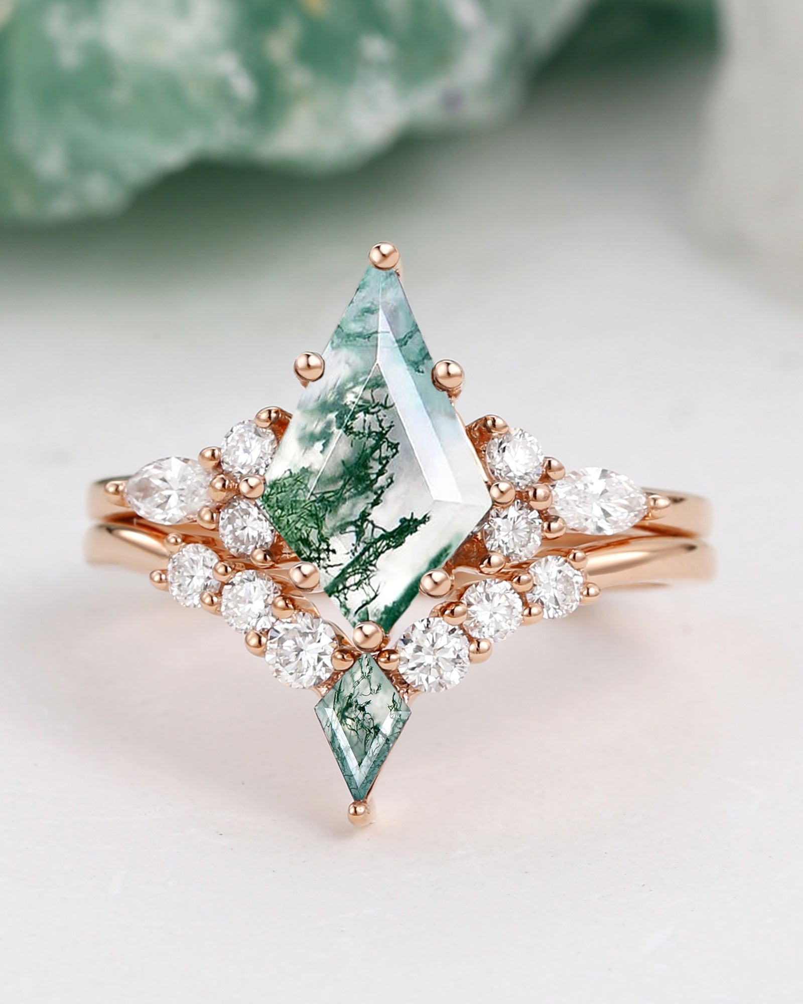 Kite Cut Unique Moss Agate Twinning Kites Engagement Ring Sets 2pcs