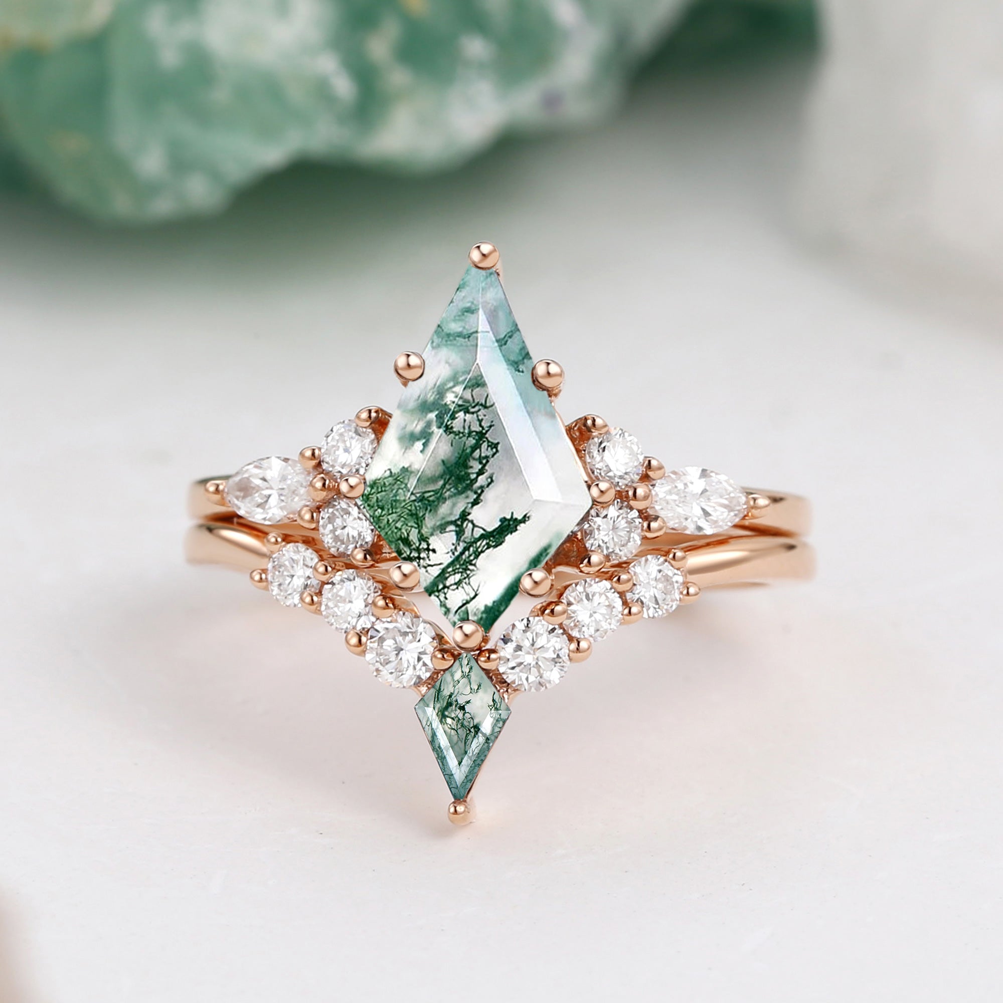 Kite Cut Unique Moss Agate Twinning Kites Engagement Ring Sets 2pcs