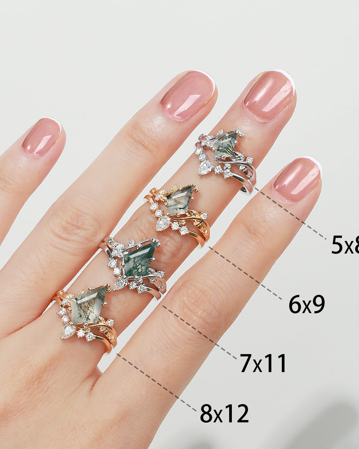 Unique Kite Cut Moss Agate Leafy Bridal Ring Sets 2pcs - Willow