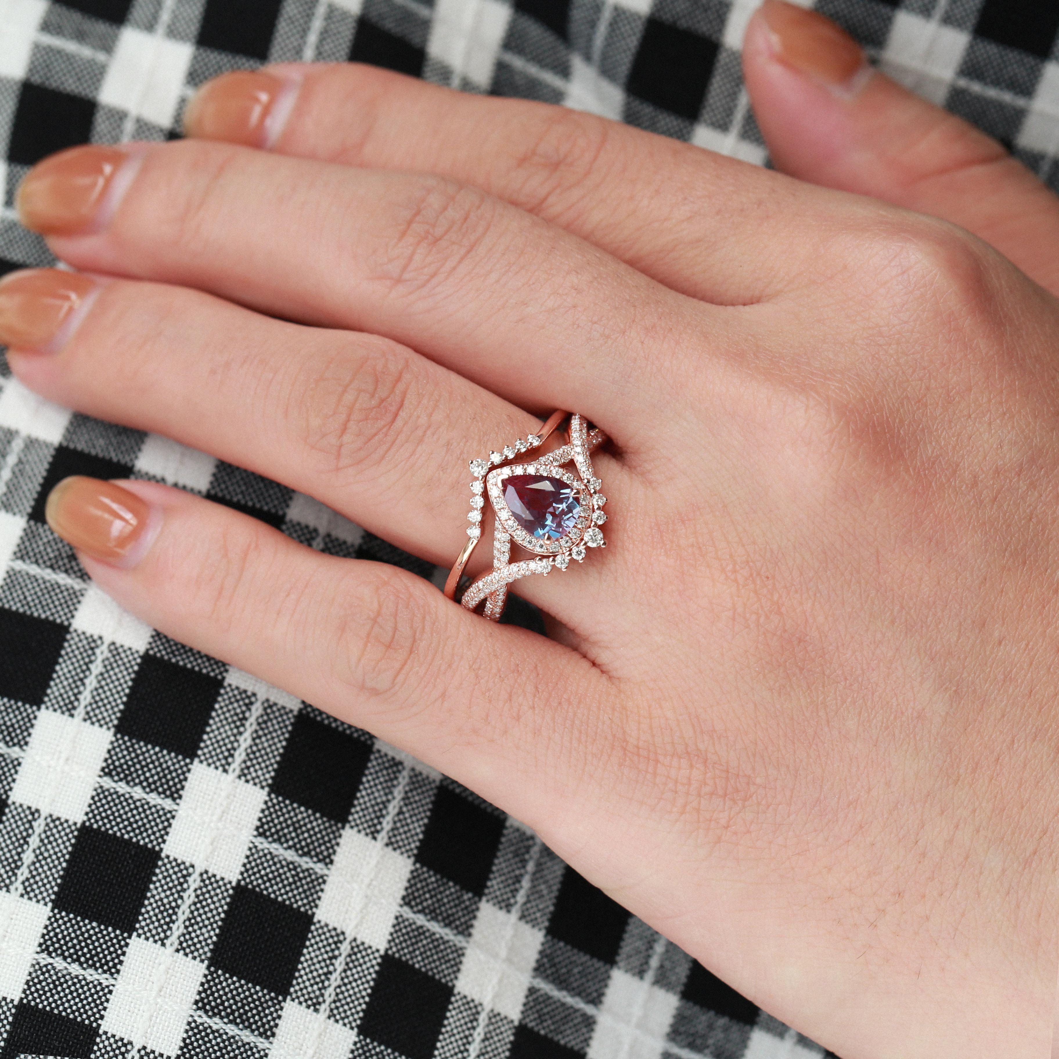 Pear Alexandrite Halo Infinity Ring Set 2pcs - Valentina