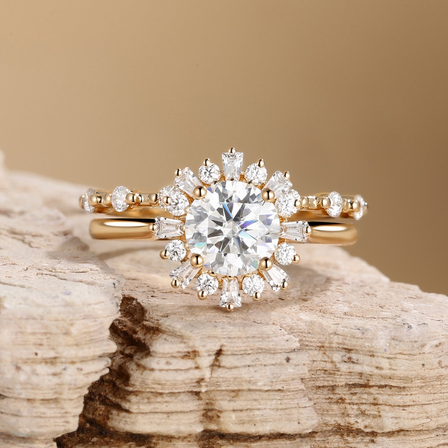 1.0ct Round Moissanite Halo Floral Ring Set 2pcs