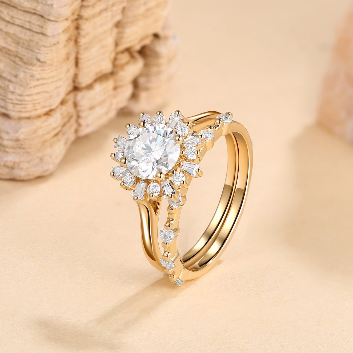 1.0ct Round Moissanite Halo Floral Ring Set 2pcs