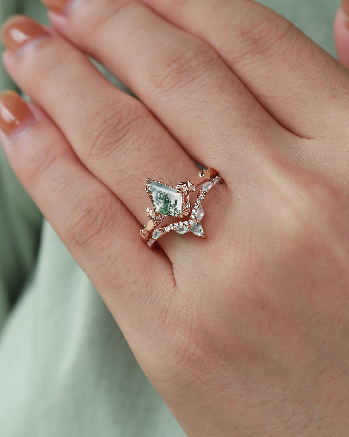 Kite Cut Moss Agate Leafy Engagement Ring Sets 2pcs - Lark