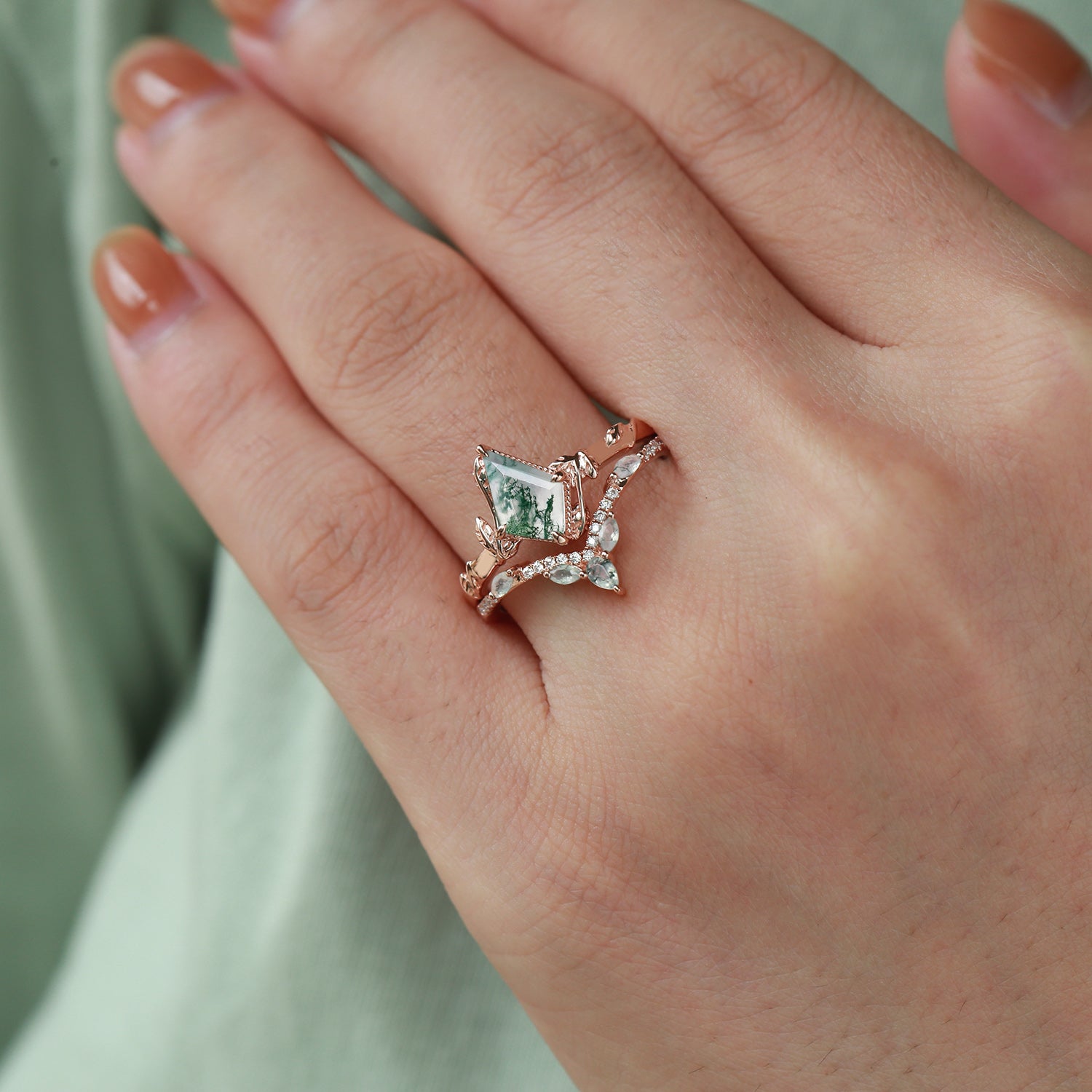 Kite Cut Moss Agate Leafy Engagement Ring Sets 2pcs - Lark
