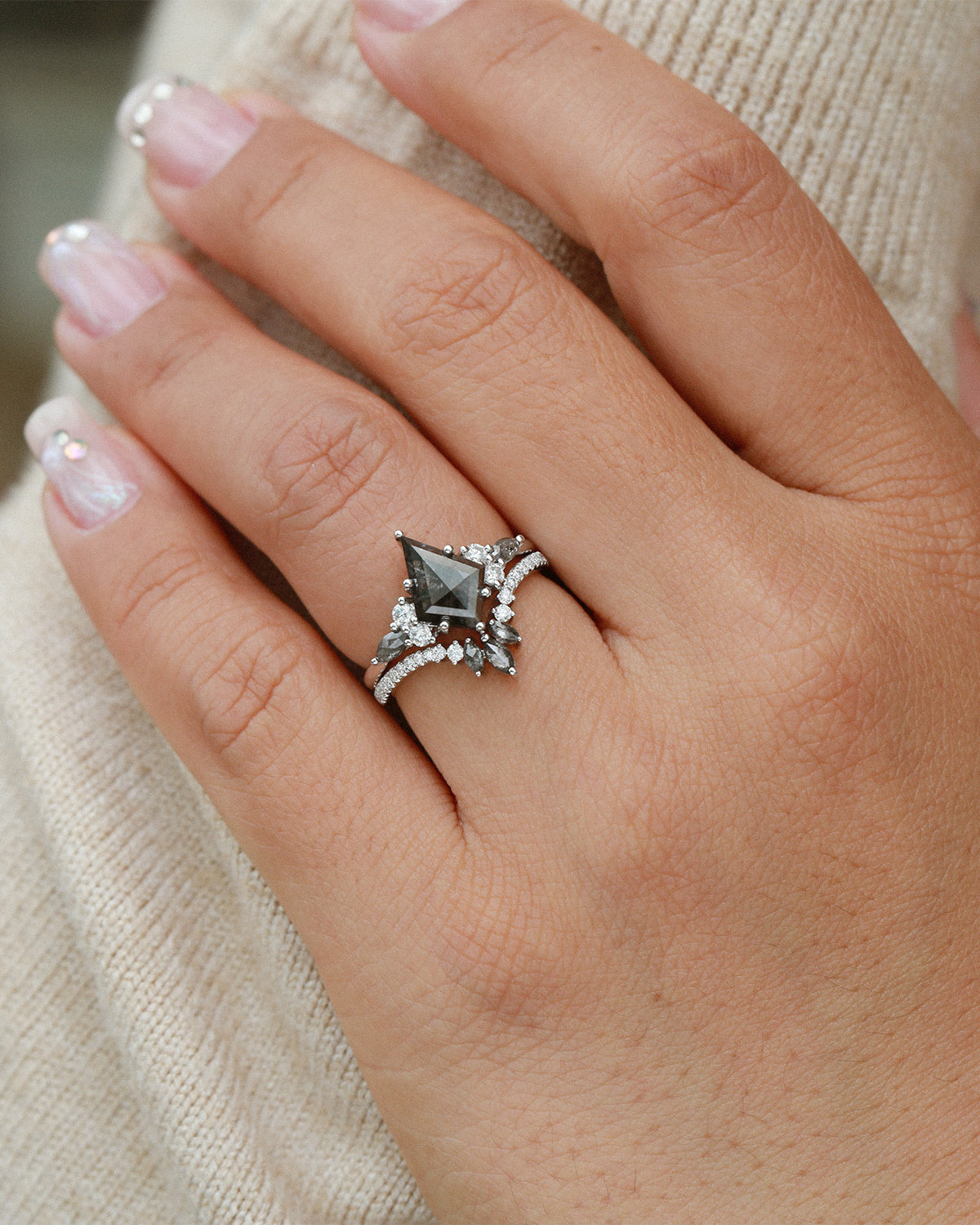 Kite Cut Salt and Pepper Diamonds Cluster Engagement Ring Set 2pcs - Rebecca