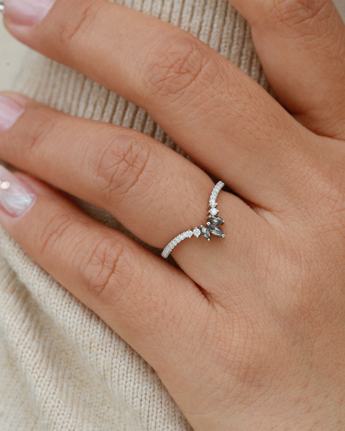 Kite Cut Salt and Pepper Diamonds Cluster Engagement Ring Set 2pcs - Rebecca