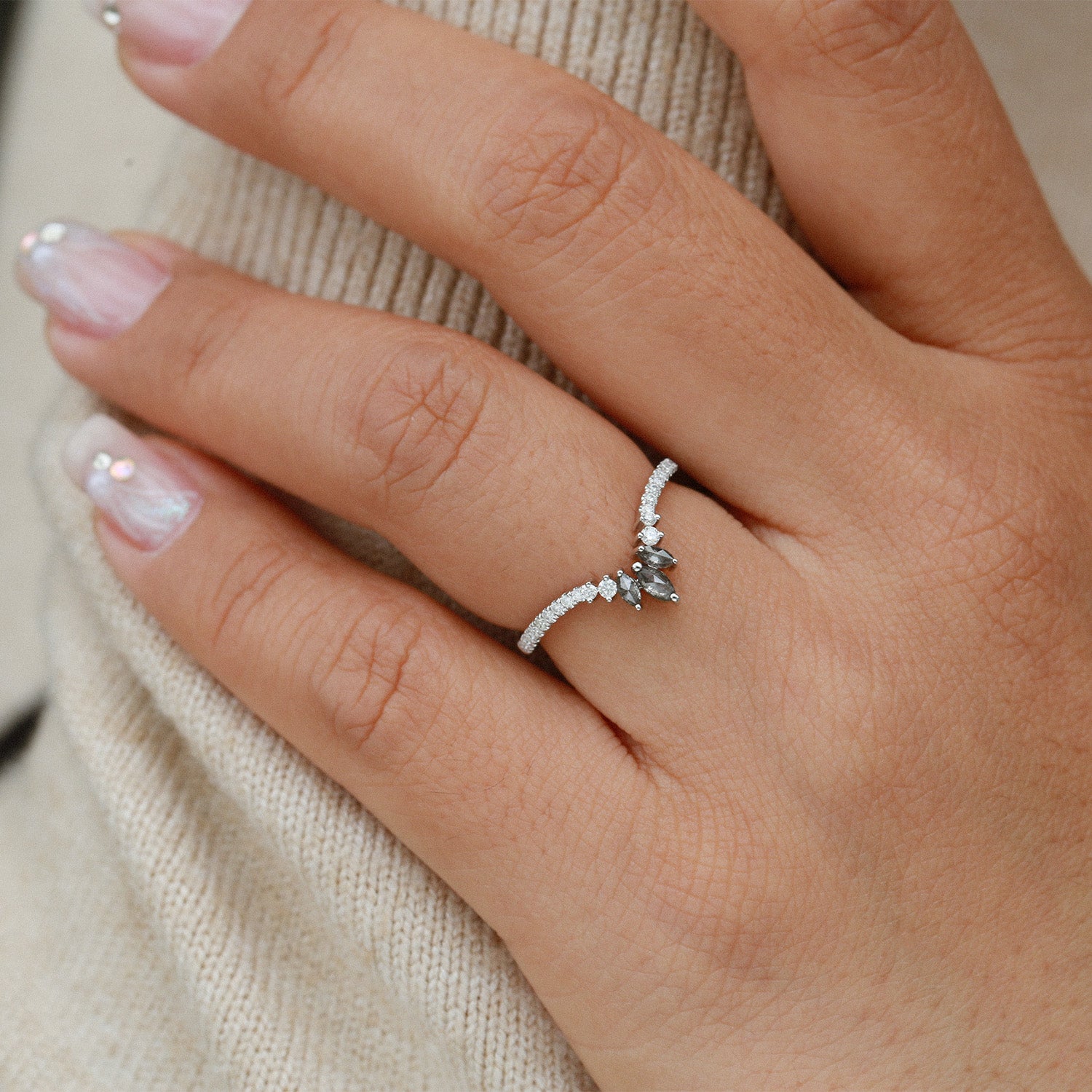 Kite Cut Salt and Pepper Diamonds Cluster Engagement Ring Set 2pcs - Rebecca