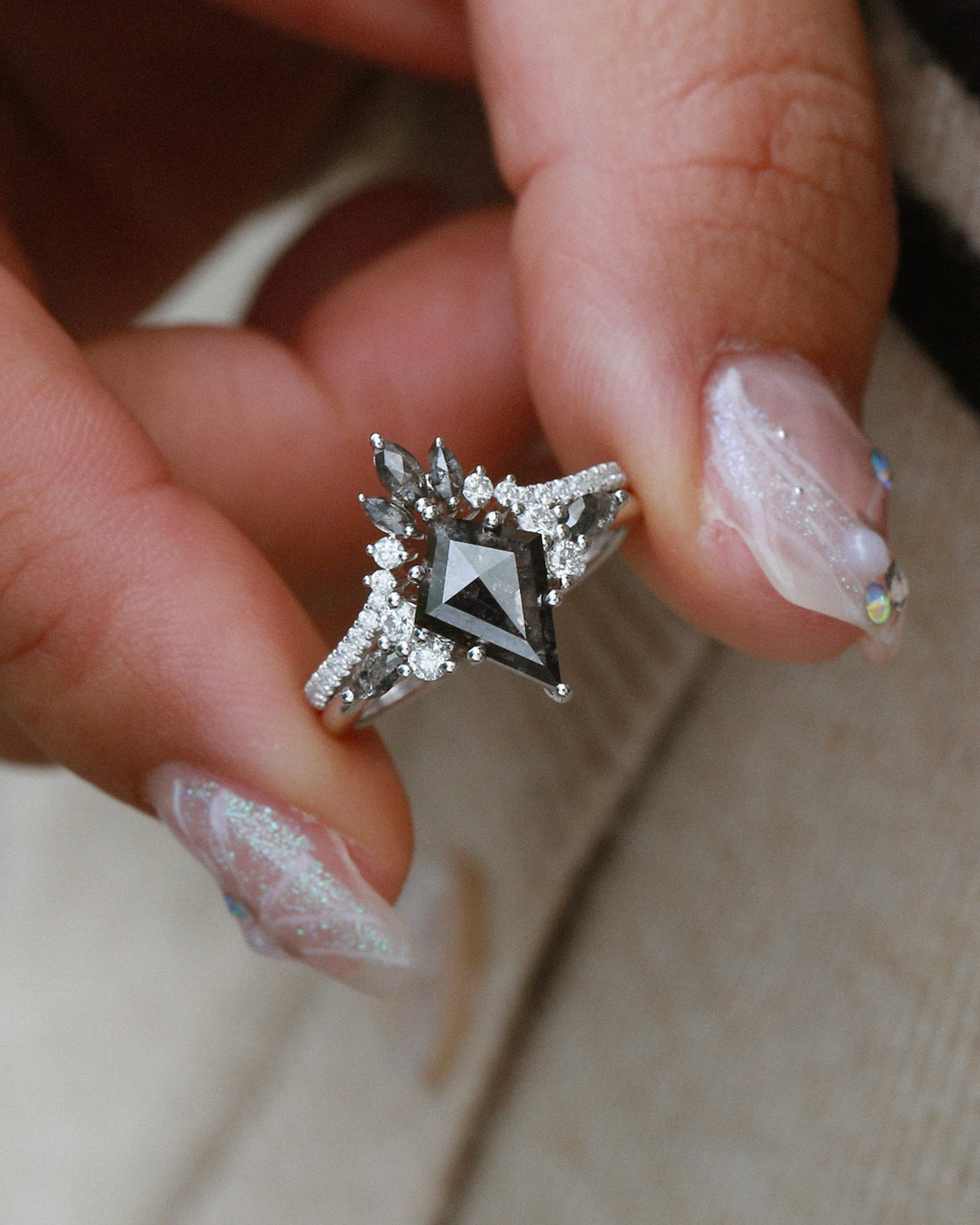 Kite Cut Salt and Pepper Diamonds Cluster Engagement Ring Set 2pcs - Rebecca