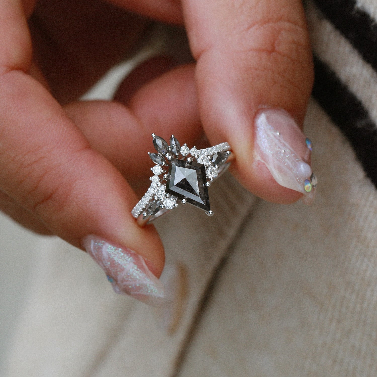 Kite Cut Salt and Pepper Diamonds Cluster Engagement Ring Set 2pcs - Rebecca