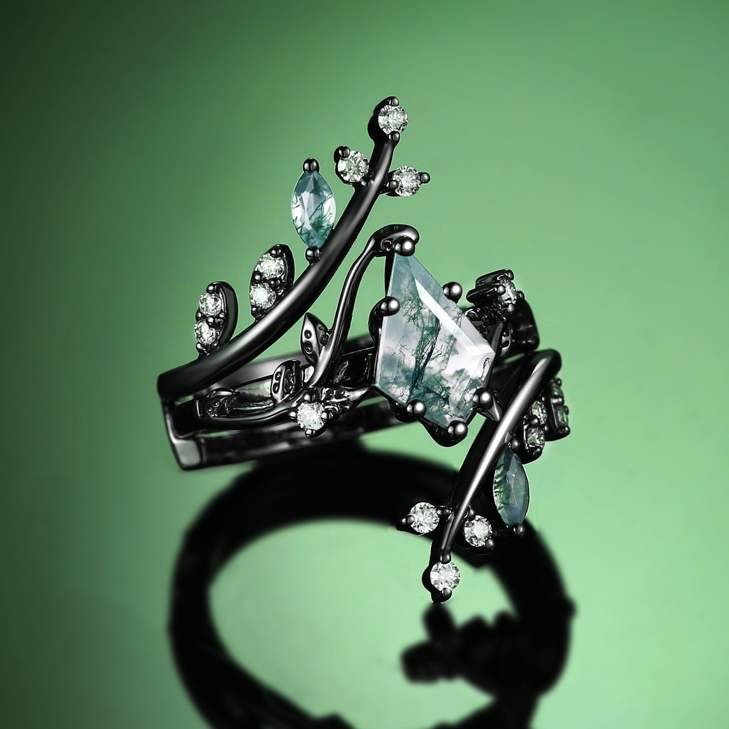 Nature Inspired - Unique Kite Cut Moss Agate Cage Leafy Ring 2pcs - Knight-Black Gold