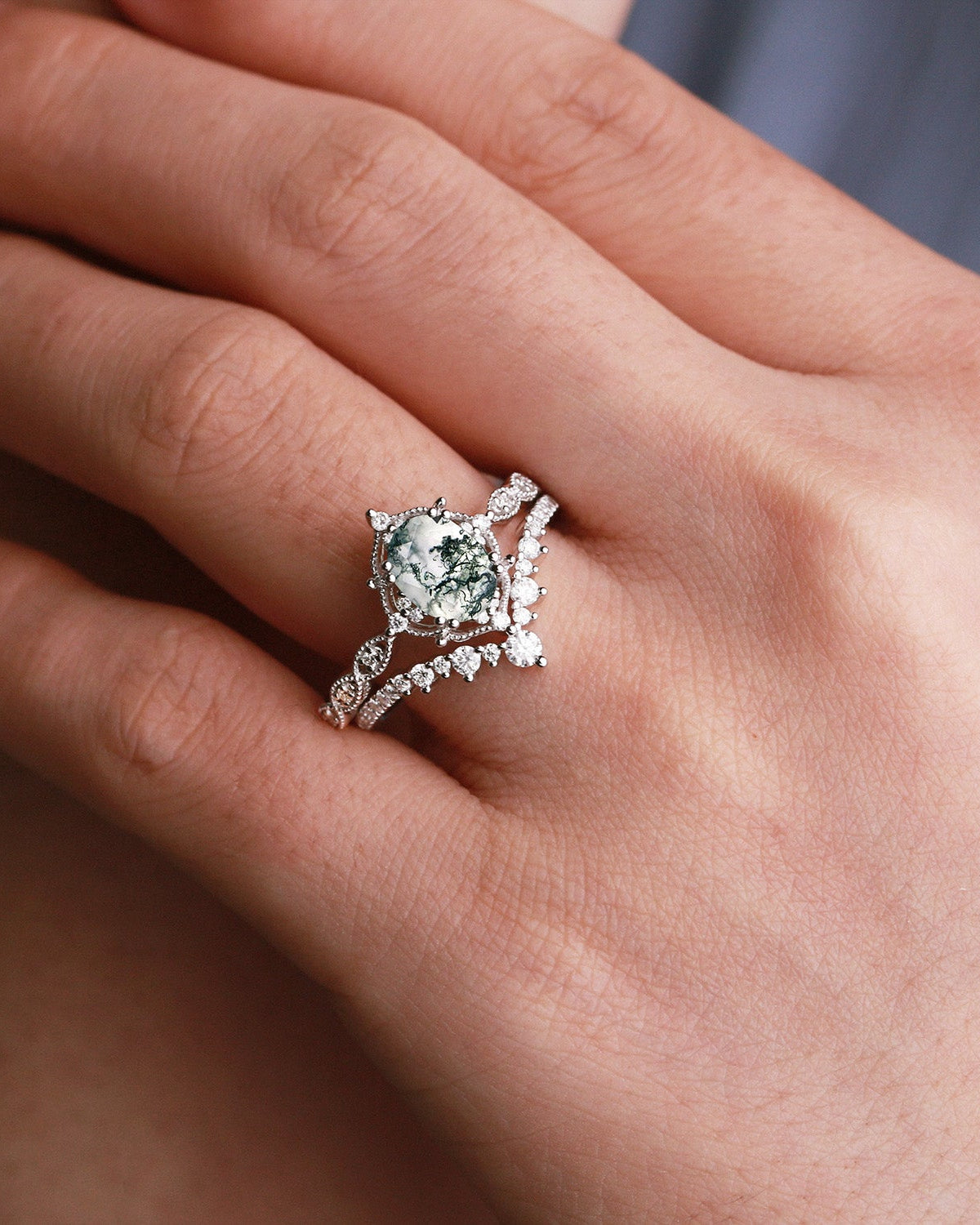 2.0ct Signature Vintage Moss Agate Big Ring Set 2pcs - Charlotte