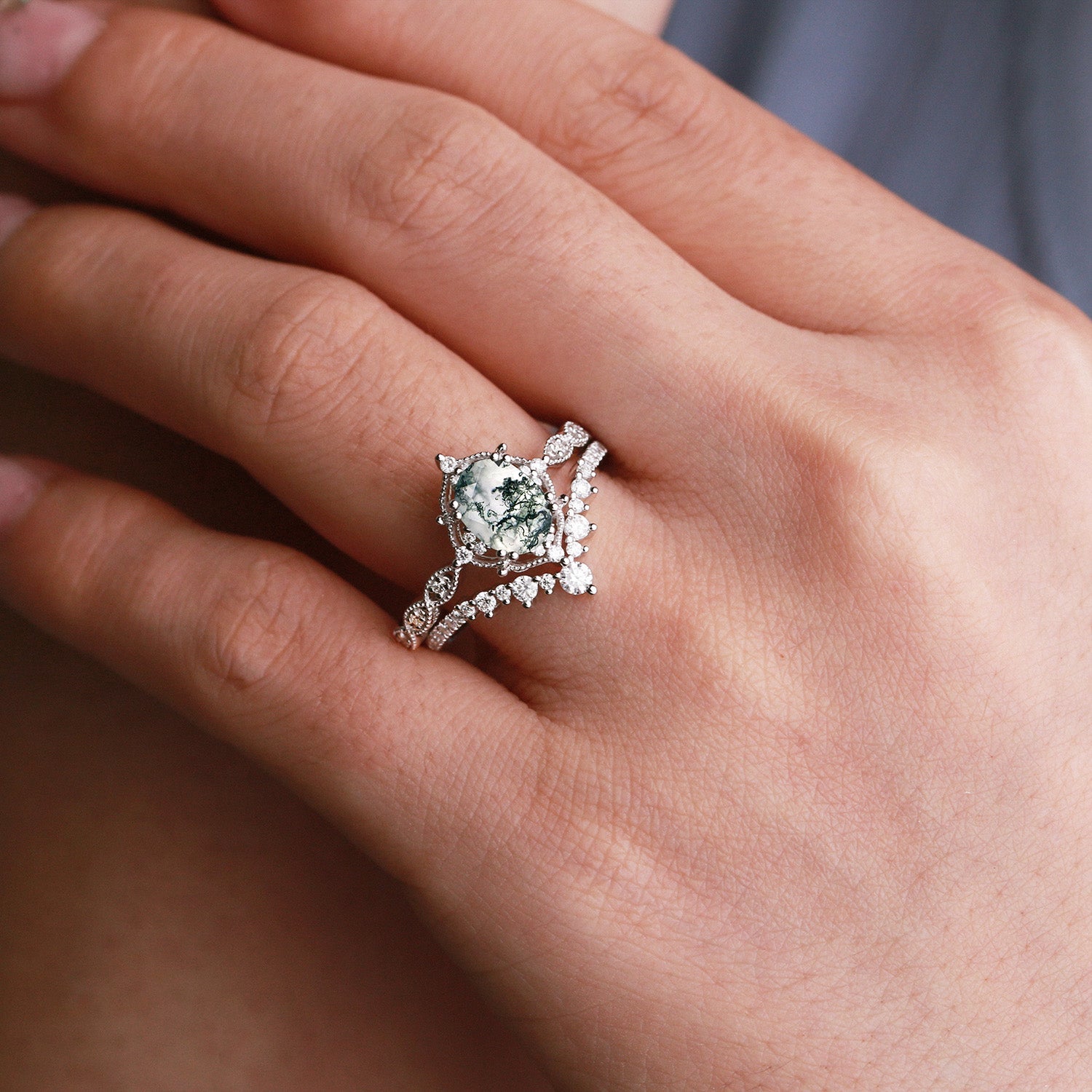 2.0ct Signature Vintage Moss Agate Big Ring Set 2pcs - Charlotte