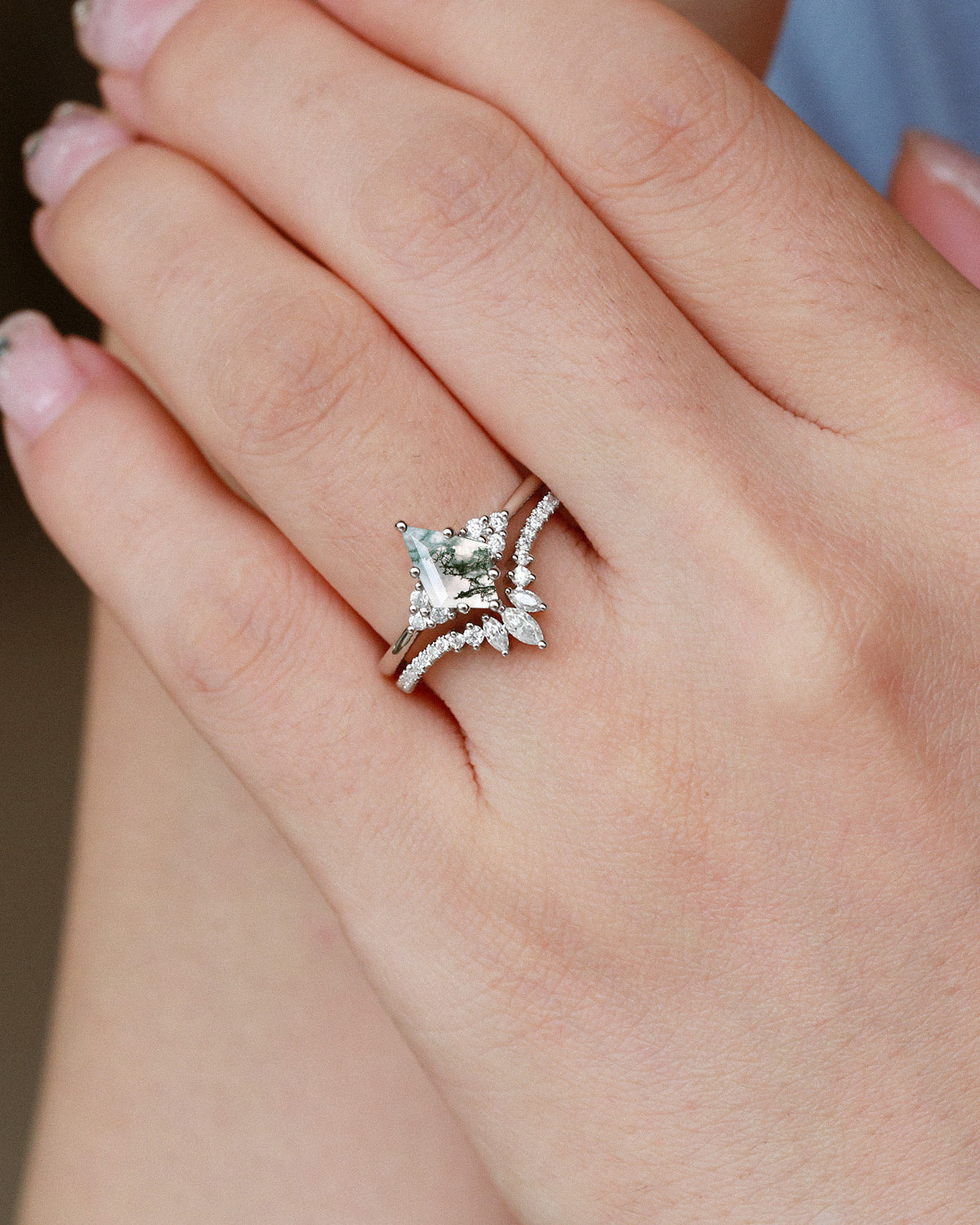 Unique Moss Agate Engagement Ring Set 2pcs - Lydia