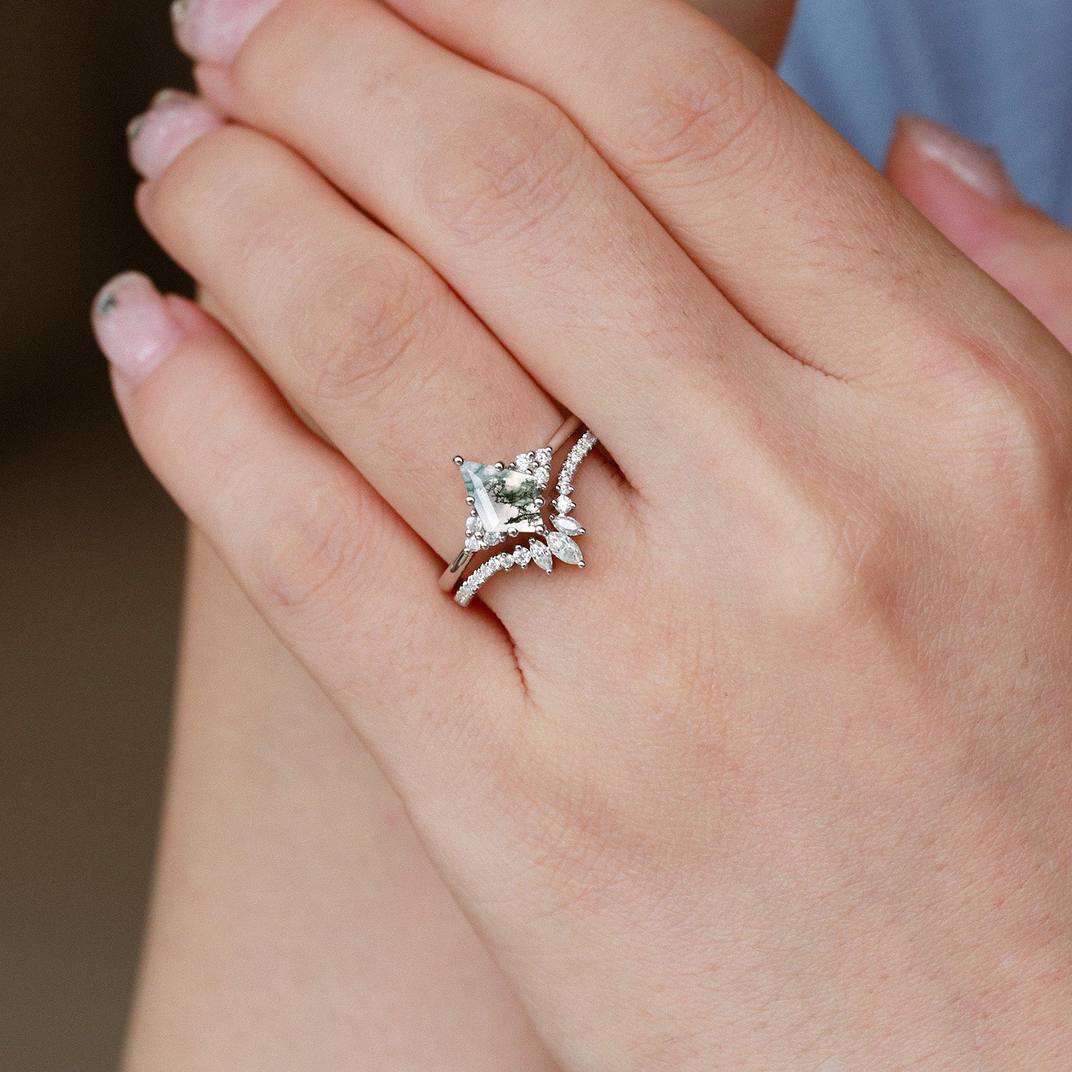 Unique Moss Agate Engagement Ring Set 2pcs - Lydia