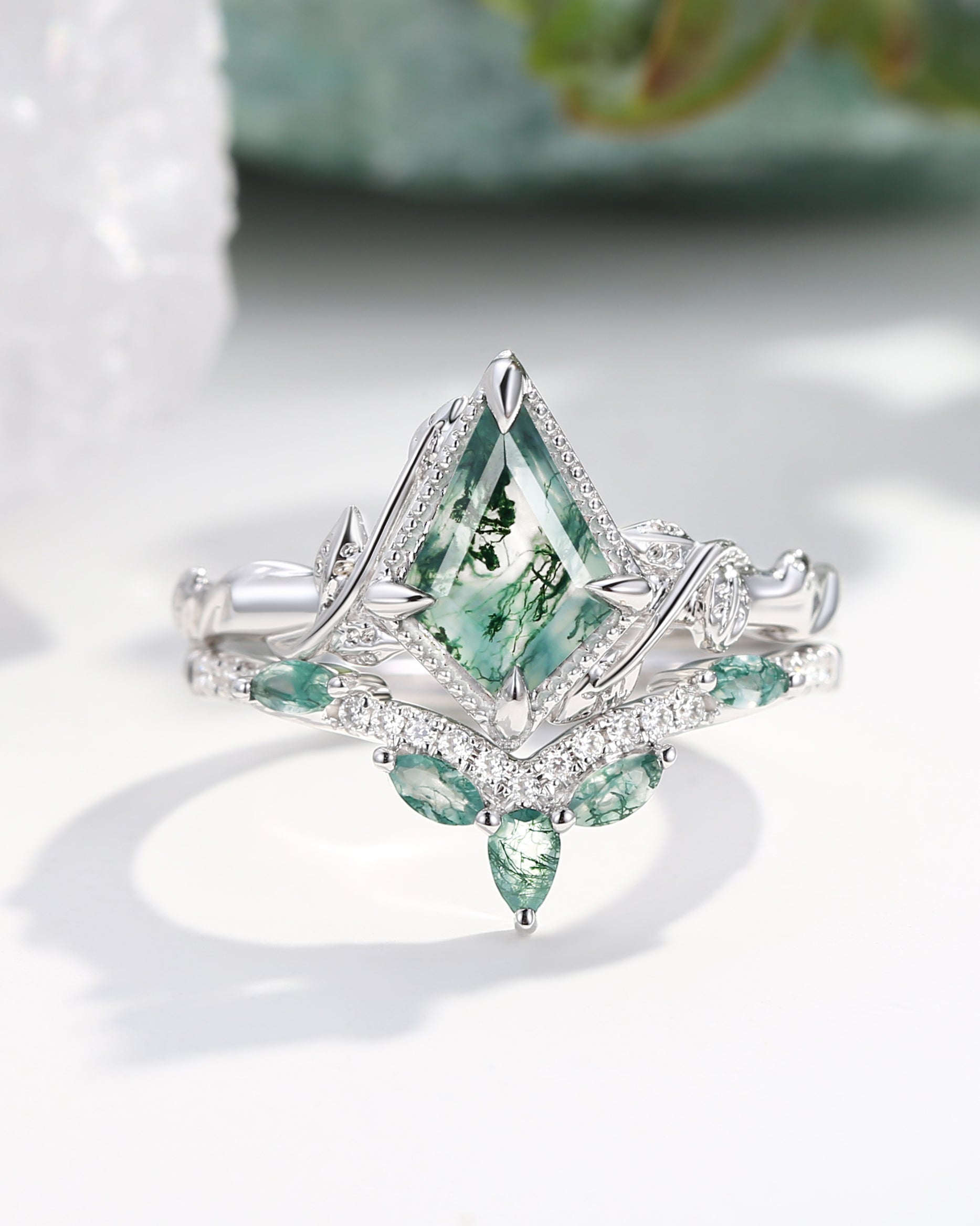 Kite Cut Moss Agate Leafy Engagement Ring Sets 2pcs - Lark