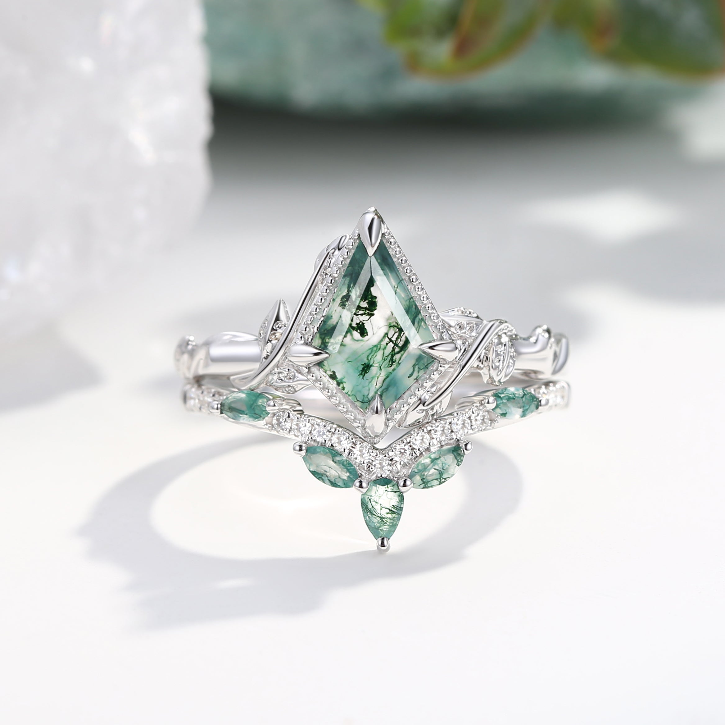 Kite Cut Moss Agate Leafy Engagement Ring Sets 2pcs - Lark