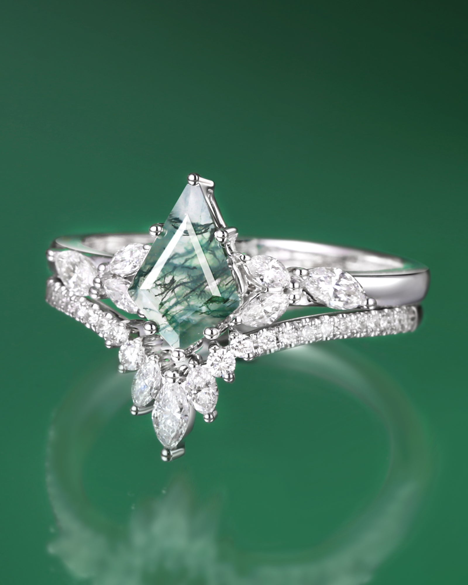 Kite Cut Moss Agate White Gold Engagement Ring Set 2pcs