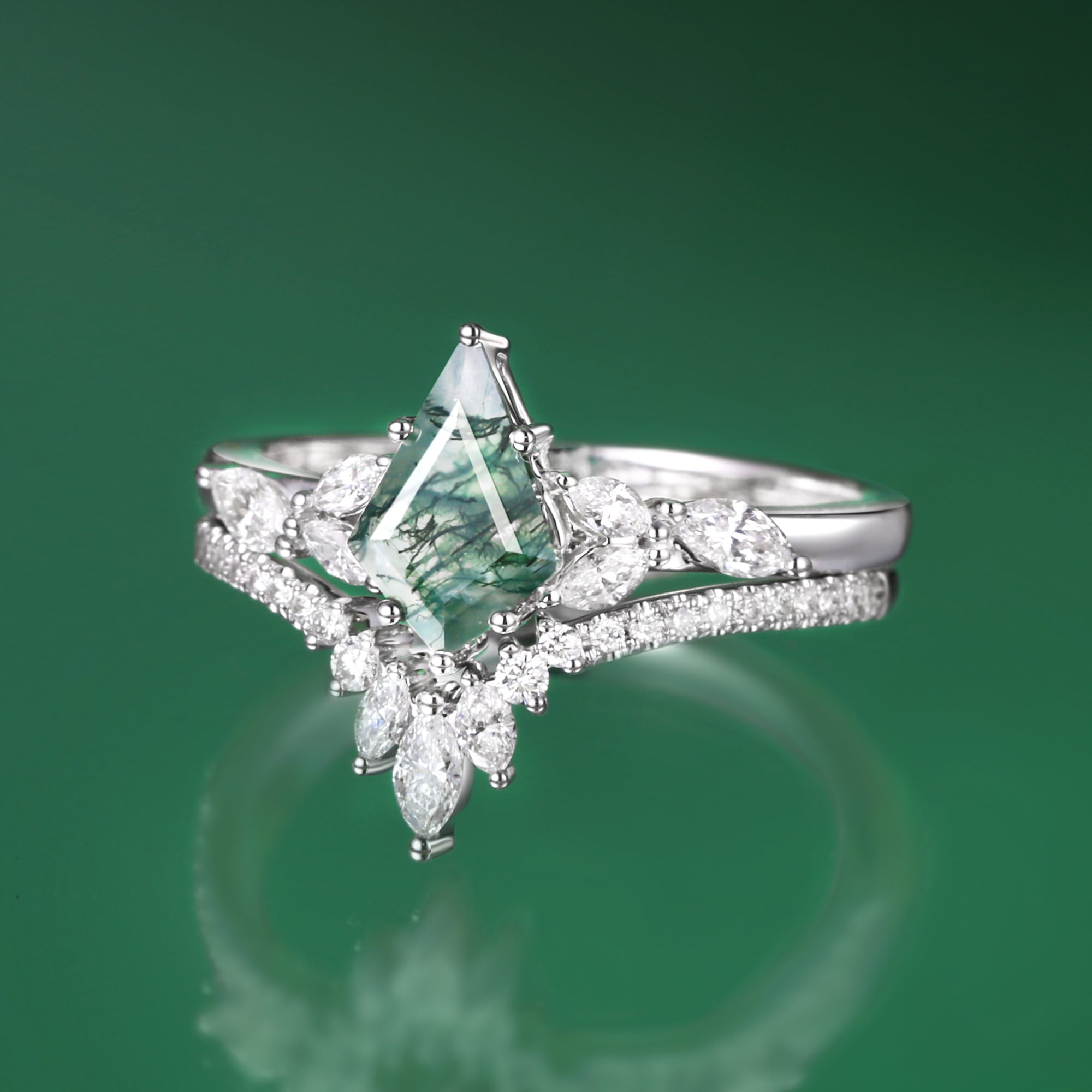 Kite Cut Moss Agate White Gold Engagement Ring Set 2pcs