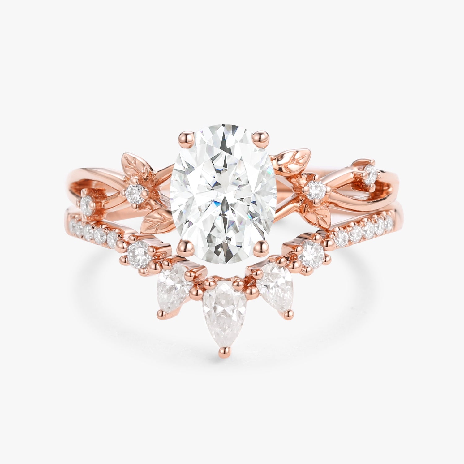 1.5ct Oval Cut Moissanite Leafy White Gold Ring Set 2pcs