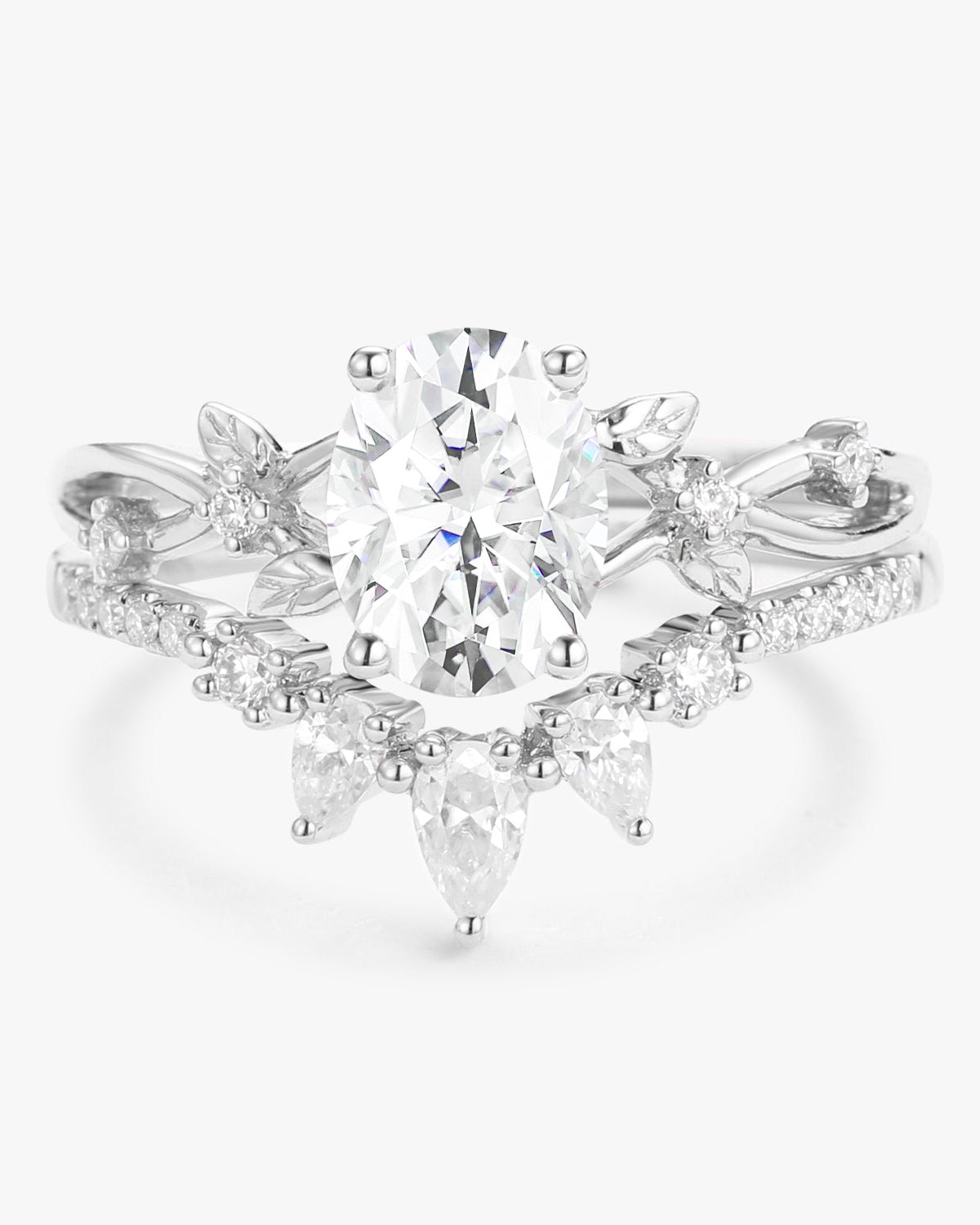 1.5ct Oval Cut Moissanite Leafy White Gold Ring Set 2pcs