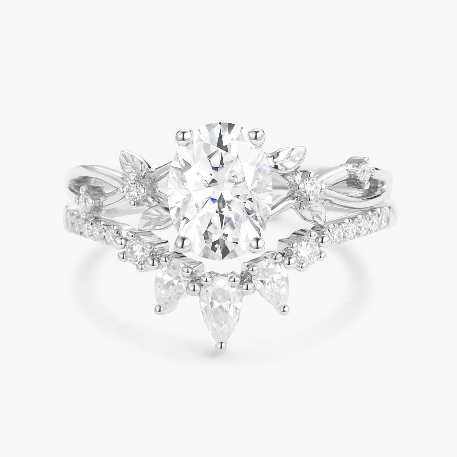 1.5ct Oval Cut Moissanite Leafy White Gold Ring Set 2pcs