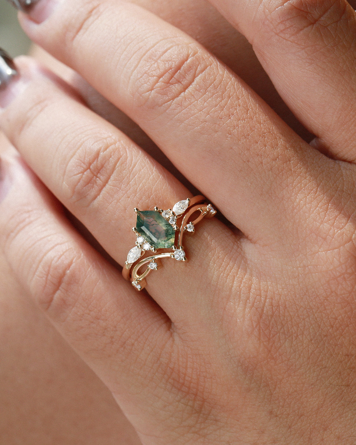 Long Hexagon Moss Agate Leafy Engagement Ring Set 2pcs