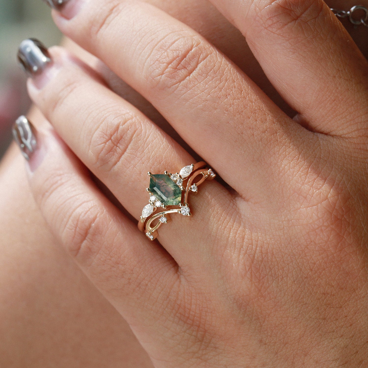 Long Hexagon Moss Agate Leafy Engagement Ring Set 2pcs